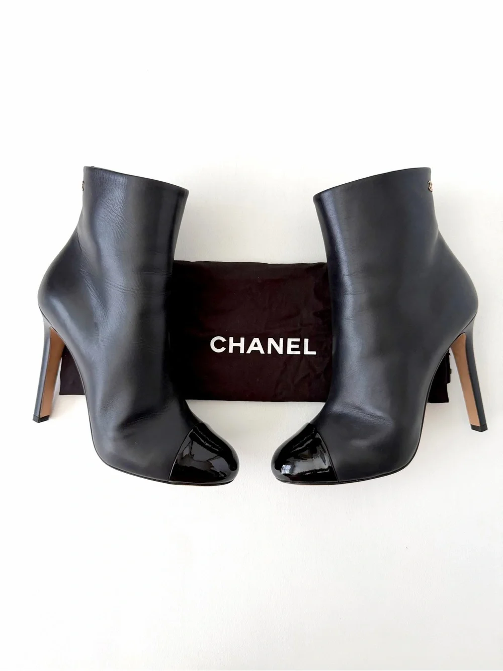 CHANEL | Black Leather CC Cap Toe Ankle Booties Boots Stiletto Heel EU 37